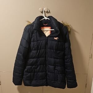 Hollister Women's Dark Blue Puffer Coat with Fur Trim